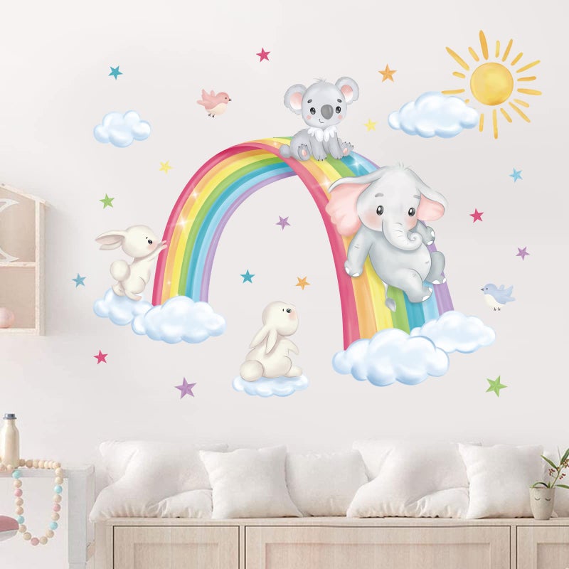 decalmile Rainbow Animal Wall Decals Elephant Koala Rabbit Clouds Wall Stickers Baby Nursery Kids Room Living Room Wall Decor - Image 1